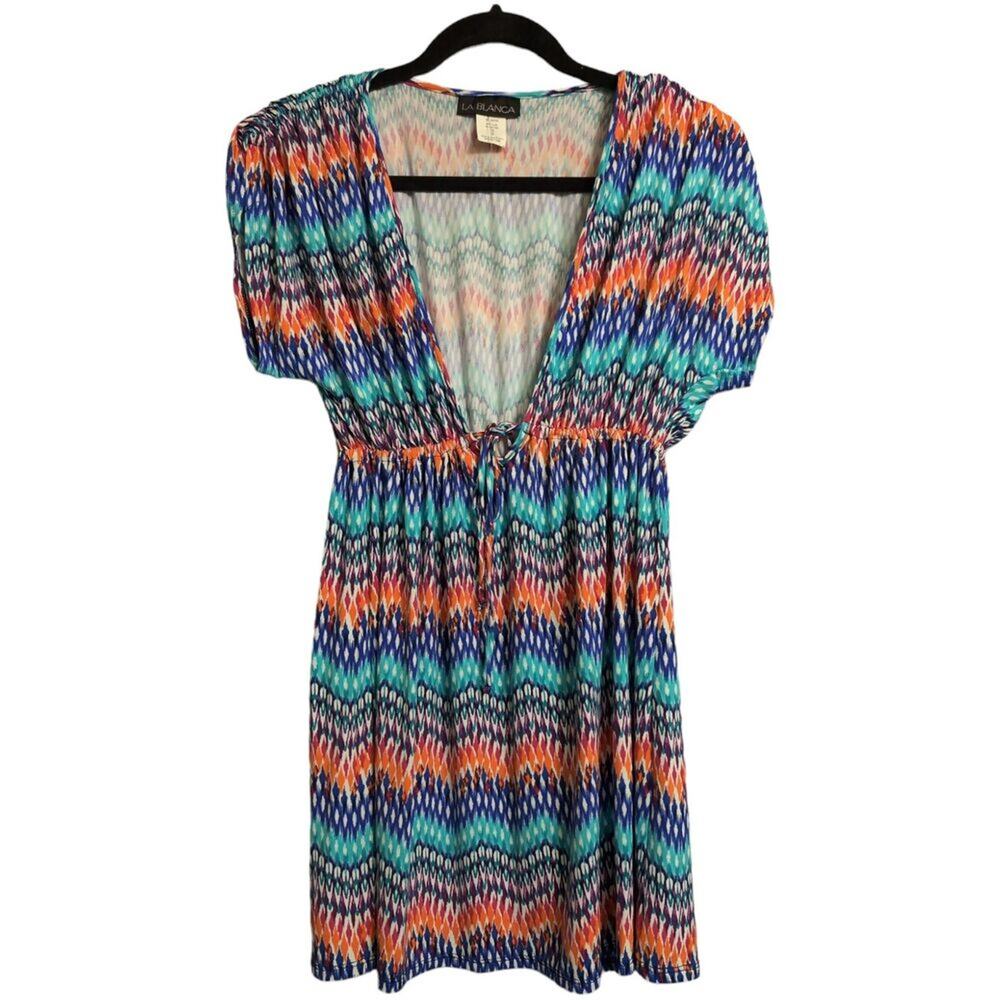 La Blanca Multicolor V Neck Short Sleeve Patterned Coverup Casual Dress Small